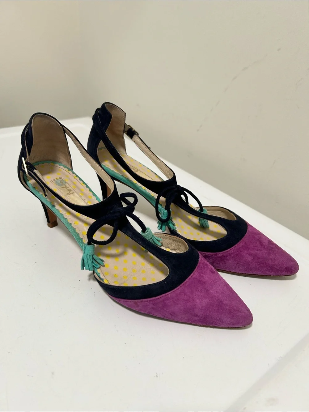 Boden Alice Suede Tassel Heels Pointed Toe Navy Purple Size 6 US 37 EU